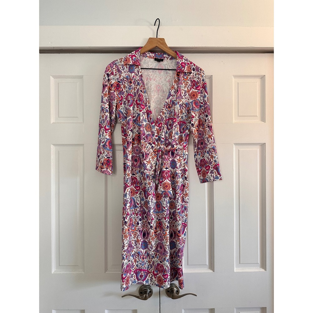 Talbots Womens Medium Pink Paisley Floral 3/4 Sleeve Faux Wrap Dress Collared - Picture 1 of 4